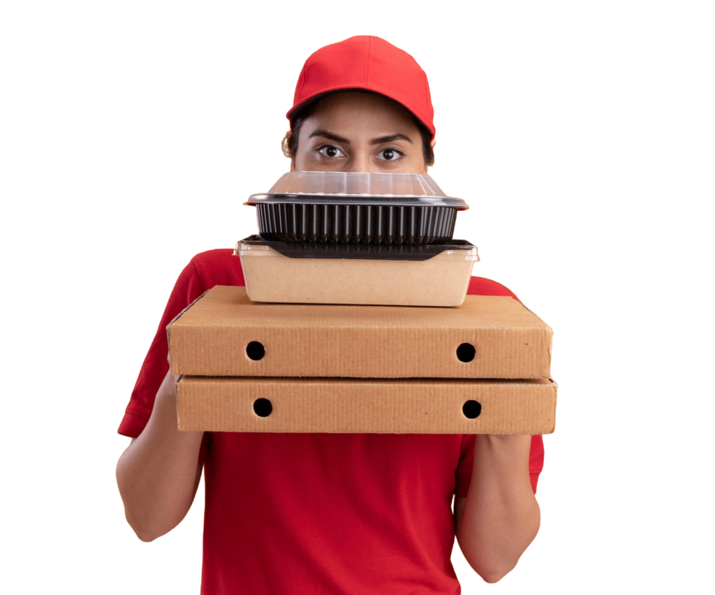 young-delivery-girl-wearing-uniform-cap-covered-face-with-pizza-boxes-food-containers-isolated-orange-wall