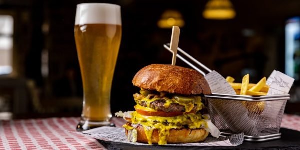 American Cheeseburger with beer